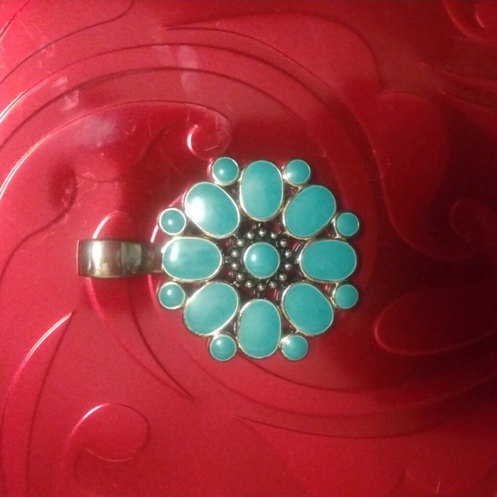 Flip side Premier Designs Vtg Teal and Red Sided Enamel Pendant